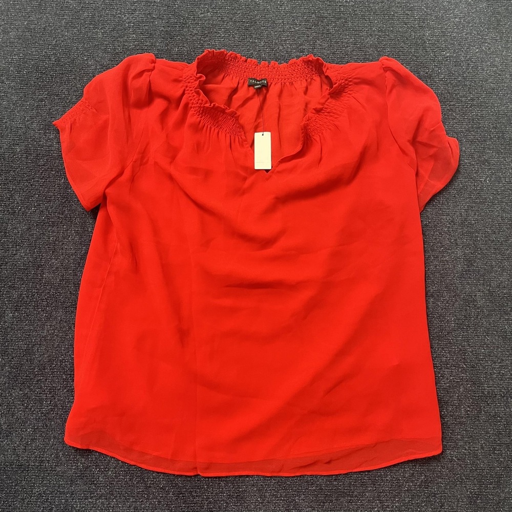 Talbots Blouse Womens Large Red Off Shoulder Smocked Short Sleeve Ruffle Top